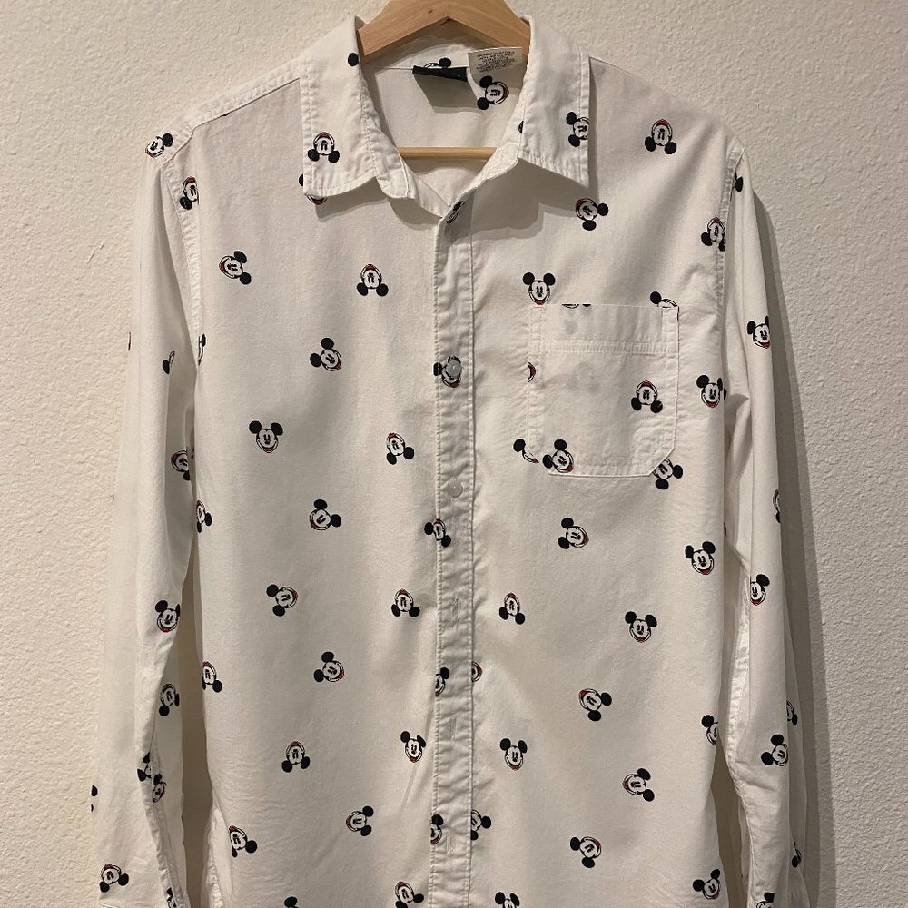 Disney Men's LS Woven Button Down Shirt Mickey Mouse White Size M